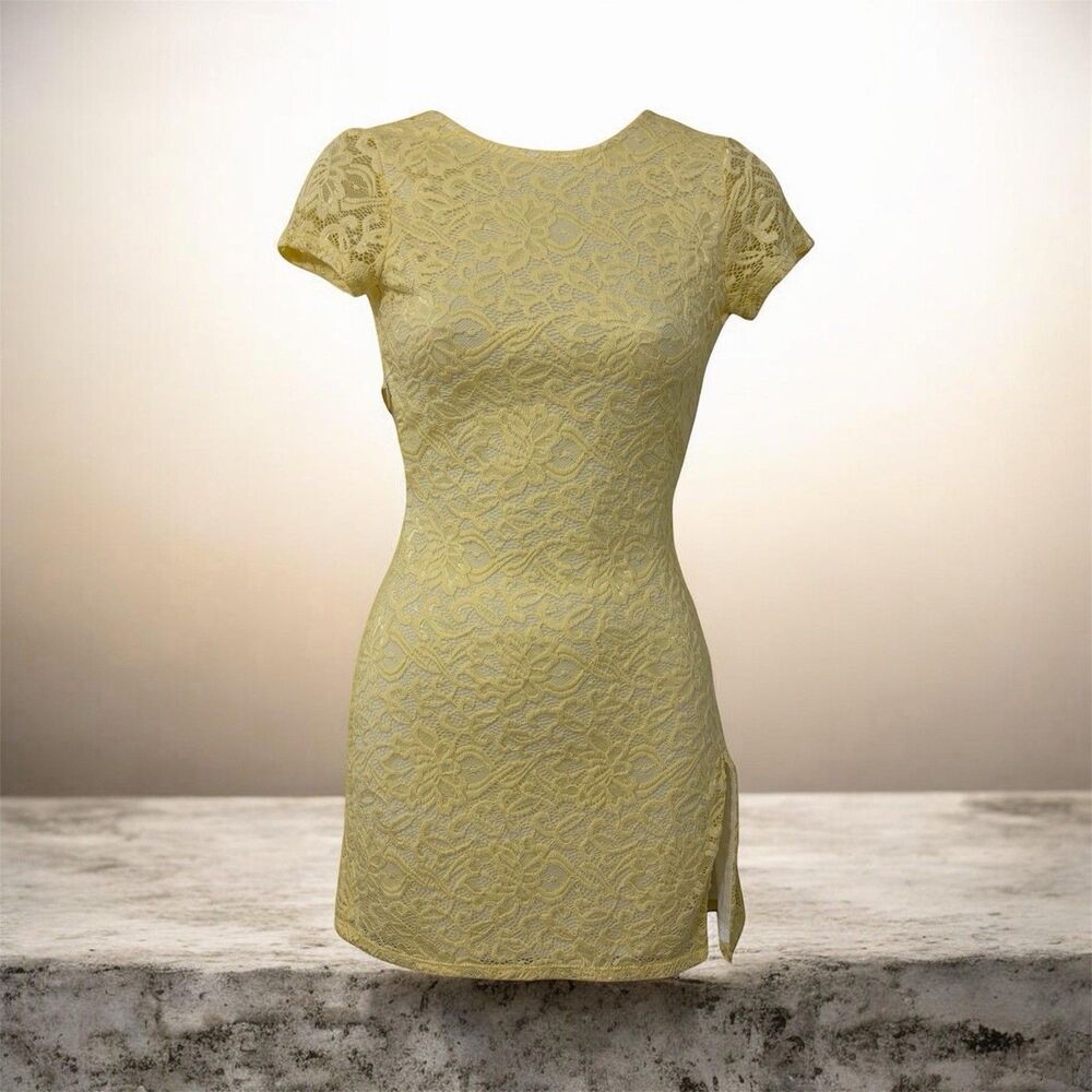 Lucy In The Sky Sz XS Mini Dress Backless Floral Lace Adj Back Straps Yellow